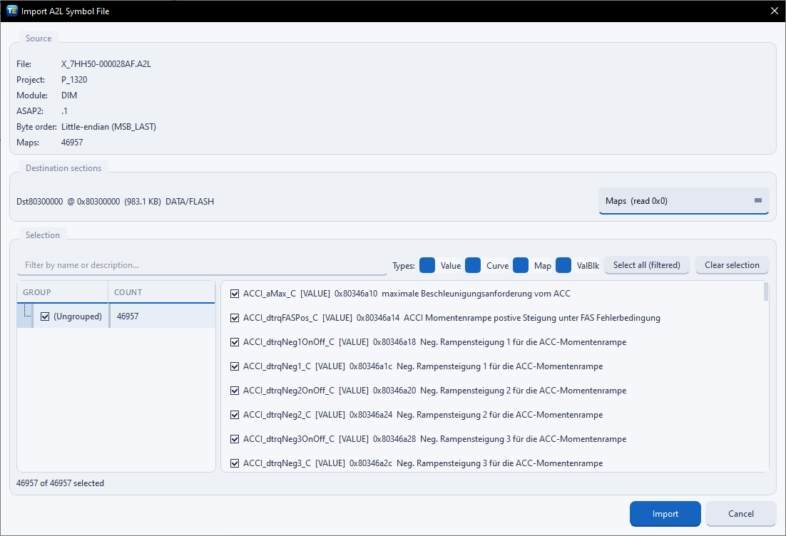 The A2l symbols import dialog